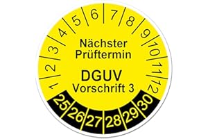 Finest Folia Set di targhe di prova DGUV, prescrizione 3, successiva data di prova 2025-2030, etichette di prova 30 x 30 mm, giallo, diametro 3 cm, autoadesive, impermeabili, R230 (100)