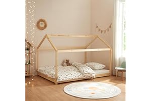[en.casa] Letto per Cameretta a Forma di Casetta per Bambini e Adolescenti - Struttura in Legno di Pino, Piazza e Mezza, Stile Montessori - 120 x 200 cm, Color Naturale