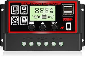Depvko Regolatore di carica solare da 30A, regolatore intelligente della batteria del pannello solare nero con doppia porta USB 12V/24V PWM Paremetro automatico display LCD regolabile, Timer