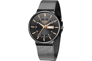 LIGE Men's Watches Black Ultra Thin Minimalist Fashion Wristwatches for Men Business Dress Waterproof Casual Watch for Man with Stainless Steel Mesh Watch
