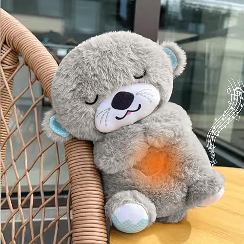 Niyamax Breathing Teddy Otter Glowing Music for Baby Sensory Sleep Lights Rhythmic Simulation Plush for Babies Kids Soothing Sound and Décor Item Specialy for Valentine Gift (Colour Gray)