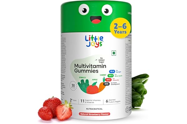 Little Joys Multivitamin Gummies for Kids 2-6 Years 30 Gummies With 11 Vitamins & Minerals Improves Immunity, Bone health & Antibody Production No Added Sugar Strawberry Flavour