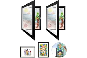 TESYEUX 2Pcs Cadre Dessin Enfant à Changer,Muraux d'Affichage d'Œuvres Enfants Cadre Photo Artistique à Charnière Ouverture Frontale Cadre A4 en Bois Pour Dessin Enfant,Rangement d'images et Dessin,Noir