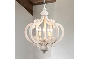 ‎LWYTJO LWYTJO Kronleuchter Vintage Weiß, 5 Flammig Bauernhaus Landhausstil Hängelampe Holz, Rustikal Kronleuchter Weiß Deckenlampe Vintage Pendelleuchte für Schlafzimmer Wohnzimmer Esszimmer Küche Flur
