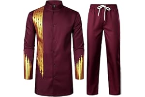 LucMatton Tenue 2 pièces pour homme - Chemise boutonnée à manches longues et pantalon - Costume ethnique traditionnel