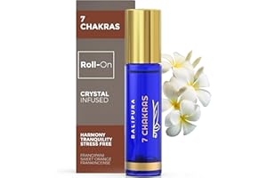 BALIPURA Aura Roll-On "7 Chakras" con bola de aplicacion de lapislázuli y piedras preciosas naturales adentro, hecha con aceite esencial de incienso, naranja dulce y frangipani, Hecho a mano en Bali, 8 ml