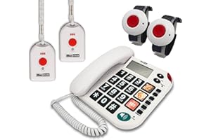 G-TELWARE MAXCOM KXT481SOS 2023-2024er Modell Haus Notruf Seniorentelefon mit Funk-SOS-Sender, Festnetztelefon - 2 Armbandsender + 2 Handsender mit Schlaufe, Carbonschwarz, Standard