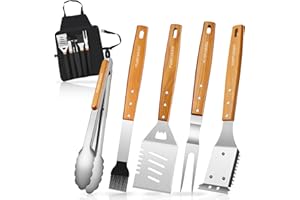 PURPLEBIRD Juego de Cubiertos para Barbacoa de 5 Piezas de Acero Inoxidable y Mango de Madera, Accesorios Profesionales para Barbacoa, con Bolsa de Transporte, Regalos para Barbacoa para Hombres