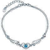 Yumilok 925 Sterling Silber Blau Zirkonia Herzen Engelsflügel Charm-Armband Armkette Verstellbar Armkettchen Armschmuck für D