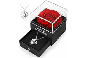 HEGUD Zakonserwowana prawdziwa róża, pudełko prezentowe z naszyjnikiem "I Love You", ręcznie wykonane, wieczna róża, prezenty dla niej, kobiety, dziewczyny, żony, matki, prezent na urodziny, walentynki,