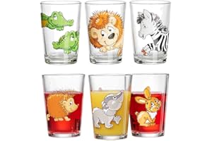 Ritzenhoff & Breker Szklanki dla dzieci Happy Zoo i zwierzęta leśne, zestaw 6 sztuk, 205 ml, kubki dla dzieci z nadrukiem z motywami zwierzęcymi, nadają się do mycia w zmywarce