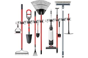 2 Piezas Colgador de Escobas y Fregonas de Acero Inoxidable, IBELL Colgador y Organizador con 4 Posiciones y 5 Ganchos, Soporte Escobas pared Adhesivo, Sujeta Escobas para Garaje, Cocina, Baño, Jardín