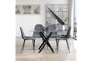 GOLDFAN Set tavolo e 4 sedie da pranzo tavolo e 4 sedie rettangolare tavolo da pranzo in vetro sedia in tessuto, grigi
