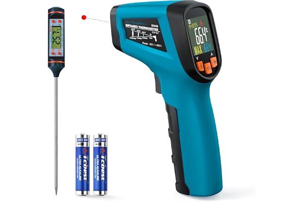 Tilswall Thermomètre Infrarouge Laser Numérique Sans Contact, -50°C ~ 600°C(-58°F ~ 1112°F), Emissivité Réglable, Idéal pour Cuisine, Barbecue, Four, Frigo Professionnel, Pizza, Viande