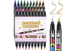 LIGHTWISH GuangNa Lot de 60 marqueurs acryliques pour peinture de pierres, marqueurs acryliques permanent avec deux pointes de pinceau pour peinture sur pierre, céramique, verre, bois, métal, toile
