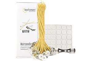 WACHSMANN Bienenwachs-Docht aus Hanf – 100 Paraffinfreie Kerzendochte gewachst, Runddocht 21 cm lang, Ø 1,7 mm, für Kerzen bis maximal 4 cm Durchmesser, mit Dochthalter & Klebepunkten, Kerzen selber Machen