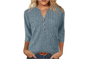 GENERIC Womens Sweaters 3/4 Length Sleeve Tops V Neck Button Jumpers Womens Top Knit Stripe Fall Ladies Sweatshirts Jumpers Solid Color Workout Plus Size Activewear Casual Tunic Pullover Blouses