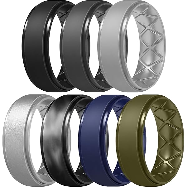 ROQ Silicone Rings For Men - 4 Pack Breathable Wedding Bands, 8mm Beveled Edge, Size 12 (Black Camo, Black, Grey, Silver) - View #7