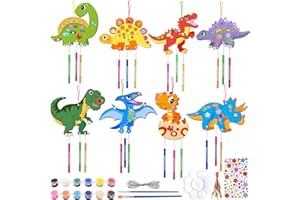 Shinybox DIY Dinosaurio Campanas de Viento, 8 Piezas Manualidades de Dinosaurios de Madera para Niños, Madera de Dinosaurio, Juego de Manualidades de Madera para Pintar y Manualidades