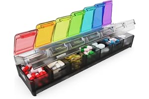 Fullicon Weekly Pill Box 7 Day Quick Fill & Spill Proof Designed Large Pill Organiser with Free Labels Daily Tablet Organiser for Medicine, Vitamin, Fish Oil, Supplement (Rainbow Black Paten REGT)
