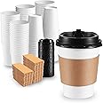 WUHUIXOZ [120 Sets ] 12 oz Hot Beverage White Paper Coffee Cup with Black Dome Lid and Kraft Sleeve Combo, Medium Grande