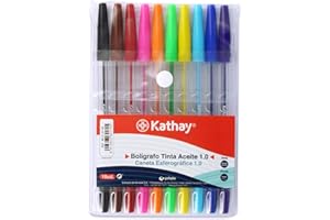 Kathay 86210199. Pack de 10 Bolígrafos de Colores, Tinta Aceite, Punta 1mm