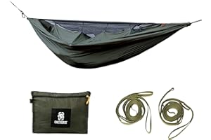 OneTigris KOMPOUND Camping Hammock with Net, Lightweight Portable Hammock with Warm Internal Cover & Tree Friendly Straps for Backpacking, Camping, Hiking, Travel, Beach, Backyard Od Green