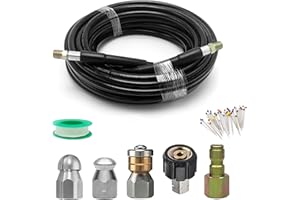 Cowhilan 15M Mangueras para Limpiadoras a Presión, 50FT Manguera de Limpieza para Tuberías 5800 PSI Kit de Limpiar de Tuberías 1/4 INCH NPT con 5 Tapones de Rosca, 1 Cinturón Impermeable