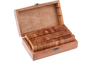 Auped 70 Piezas Sellos de Alfabeto Goma y Madera con Caja Organizar y Guardar por Letras Números y Signos Puntuación Set Letras Completo para Artes, Manualidades, Hacer Tarjetas y Más.