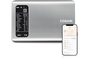 ‎COSORI Cosori Küchenwaage digital mit Nährwertberechnung, Ernährungswaage App verfolgt 19 Nährstoffe, Kaloriendatenanalyse, 5kg Edelstahl-Lebensmittelwaage, geeignet für Gewichtsverlust, Datenbank nur für DE
