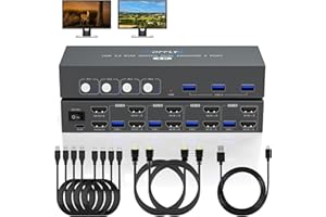 BDFFLY Commutateur KVM HDMI USB 3.0 4 PC 2 Moniteurs avec 3 Ports USB, 4K@60Hz pour 4 Ordinateurs Partageant deux Moniteurs et Clavier Souris, Prend en Charge le Contrôle des Boutons, Compatible EDID