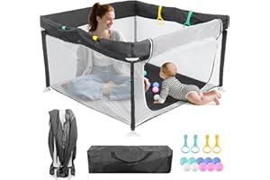 FUNYKICH Parque Infantil Bebe 120x120cm, Corralito para Bebe Plegable con Malla Transpirable,10 Bolas + 4 Agarraderas+ Bolsa transporte,Seguro y Portátil para Interior y Exterior,Desmontable y Lavable