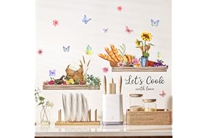 Tanlaby Sticker Muraux Cuisine Nourriture Légumes Fruits Cuisine Fleurs Couverts Papillons Stickers Mural Cuisinons avec Amour Autocollants Muraux pour Maison Cuisine Salle à Manger Salon Bar