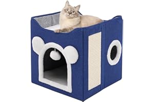 HOMCENT Large Fluffy Ball Cat Condo - Foldable Cat Bed & Cave with Scratch Pad - Blue