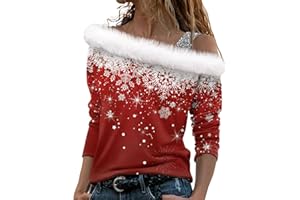 BTBDYDH Pull Noel Femme Hauts à Manches Longues pour Femmes Pull Ample à la Mode imprimé de noël épaules dénudées Cadeau Noel Femme Pull Femme Chic Cadeau Noel Femme