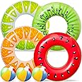 LATERN 7Pcs Fruit Inflatable Pool Floats, 4Pcs 75CM Watermelon Kiwi Orange Lemon Swimming Rings with 3Pcs 35CM Beach Balls - Inflatable Tubes Floaties Toys for Kids Adults Beach Swimming Pool Party