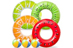 LATERN 7Pcs Fruit Inflatable Pool Floats, 4Pcs 75CM Watermelon Kiwi Orange Lemon Swimming Rings with 3Pcs 35CM Beach Balls - Inflatable Tubes Floaties Toys for Kids Adults Beach Swimming Pool Party