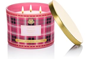 ‎M&SENSE M&SENSE Świeca zapachowa duża tropikalny kosz|Świeca zapachowa w szkle z 3 knotami|330g naturalna świeca sojowa|65 godzin czasu palenia|wzór w kratkę świeca zapachowa prezent|elegancki prezent świecy