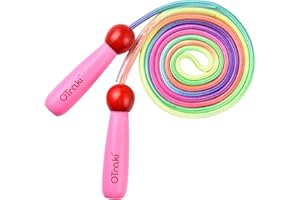 OTraki Cuerda de saltar arcoíris para niños, cuerdas de saltar ajustables para niños, cuerda de saltar con mango de madera para niñas/niños, cuerda de saltar de ejercicio para niños