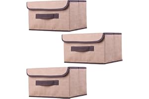 EURXLQ Scatole Portaoggetti con Coperchio,Scatole per Armadio Pieghevoli,Scatole Portaoggetti,Scatole Armadio con Coperchio e Maniglie per l'armadio (Beige, 3 pack-26×19×16 cm)