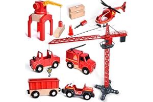 BuzzoXerex Pompieri Giocattolo Legno, 19 Pezzi Camion Pompieri Giocattolo Giochi Pompieri con Camion dei Pompieri, Elicotteri, Veicoli Fuoristrada pour 3 4 5 6 Ans Garçon