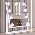 BWLLNI Vanity Mirror with Lights, Hollywood Lighted Makeup Mirror with 3 Color Modes and 9 Dimmable Diamond LED Light Bulbs, Detachable 10X Magnification, 360° Rotation, Touch Control, White