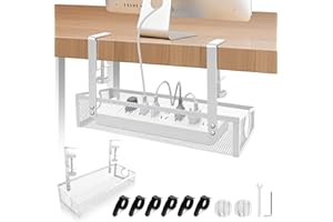 SEGNAYEN Under Desk Cable Management Tray White, No Drill Desk Cable Tidy, Desk Wire Organiser Rack Metal Mesh Table Cord Basket for Office and Home Standing Desk, 1 Pack
