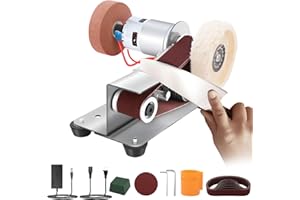 Yofuly Lijadora de Banda Kit, Esmeriladora de Banda con 10pcs Cinta de Lija, Mini Lijadora Electrica de 7 Velocidad Ajustable, Mini Esmeriladora de Banco para Afilar Cuchillos madera