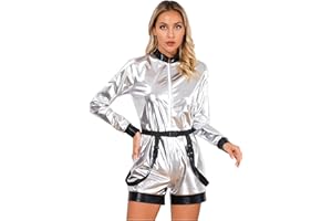 Freebily Justaucorps Femme Wetlook Body String Métallisée Deguisement D'astronaute Carnaval Halloween Cosplay Party Festival Combinaison Clubwear