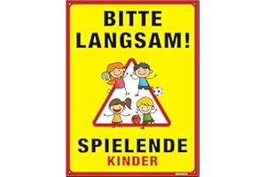 ‎GOODVIA Goodvia XXL Schild Spielende Kinder 40 x 30 cm Kunststoff Schild Bitte Langsam Fahren Groß Warnschild mit UV für Außenbereich Innenbereich