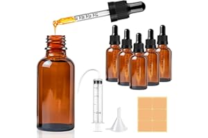 CoKeeSun 30ml Glass Dropper Bottle, 5 Pcs Brown Dropper Bottles with Pipettes, Reusable Amber Glass Bottle Set with Funnel Needle Syringe Catheter Stickers for Hair Oil perfumes Cosmetics Storage