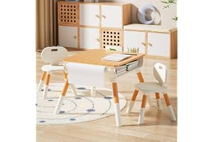 Kids Study Table, and 2 Chairs Set, 79 * 62 * 55cm, Height Adjustable Table and Chairs, Play and Activity Desk with Paper Roll, Storage Basket and Drawers, Suitable for Daycare, Classrooms, Home