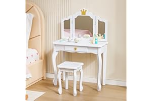 Bonnlo Schminktisch mit Hocker und Abnehmbarer Spiegel, Kindertisch mit Schublade für Mädchen ab 3 Jahren, Kronen-Muster Rosa (ohne LED Weiß)