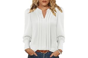 KISSMODA Womens Casual Pleated Blouses Long Puff Sleeve V Neck Tunic Tops Dressy Trendy Shirts Elegant Fall Outfits